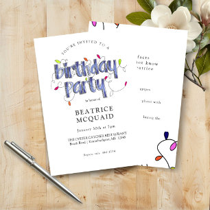 Hand Lettered Dusty Blue Fun Facts Birthday Party Invitation