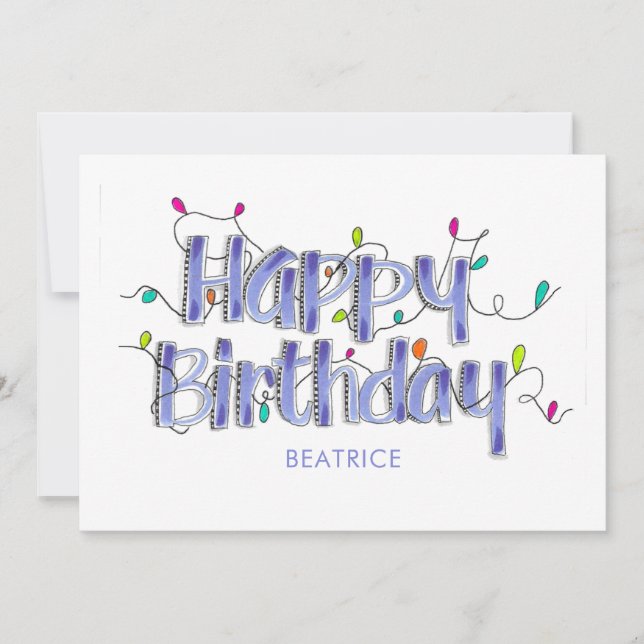 Hand Lettered Dusty Blue Happy Birthday Flat Card (Front)