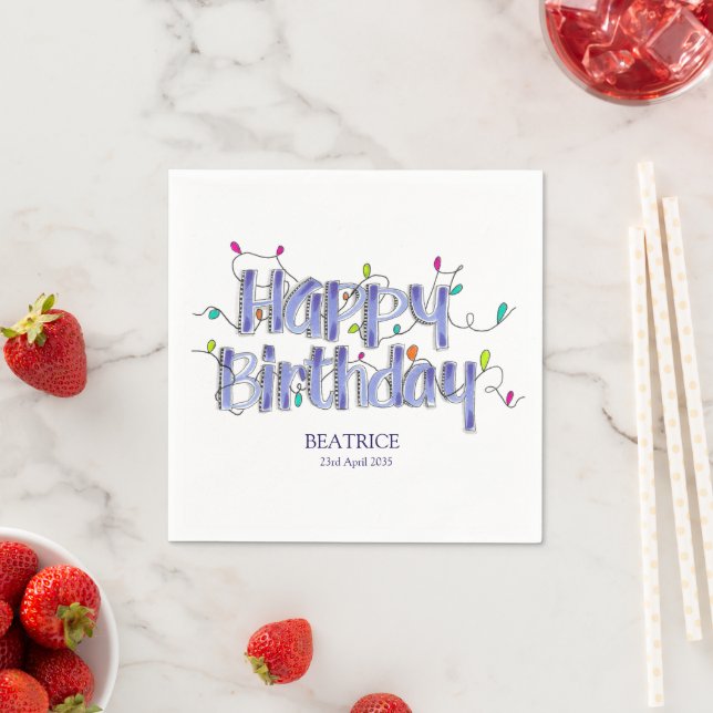 Hand Lettered Dusty Blue Happy Birthday  Napkin (Insitu)