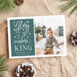 Hand Lettered Glory | Christmas Photo Card<br><div class="desc">Modern typography based holiday photo card features your favourite photo with "Glory to the newborn king" alongside in white hand lettered style typography. Personalise with your family name,  individual names and/or your custom Christmas message. Cards reverse to a pattern of white snow and stars on a spruce green background.</div>