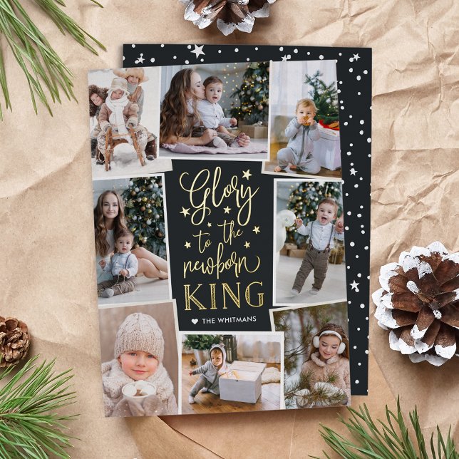 Hand Lettered Glory | Multi Photo Collage Foil Holiday Card (Creator Uploaded)