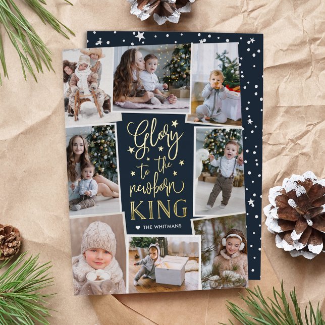 Hand Lettered Glory | Multi Photo Collage Foil Holiday Card (Creator Uploaded)