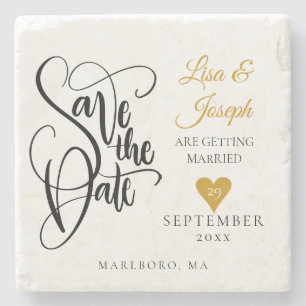 Hand Lettered Gold Heart Script Save the Date Stone Coaster
