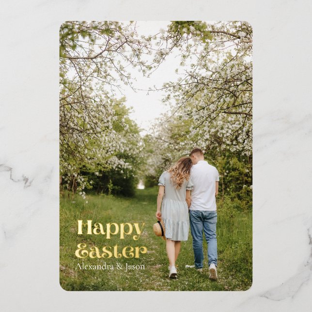 Hand-Lettered Gold Script Photo Easter Foil Holiday Card (Front)