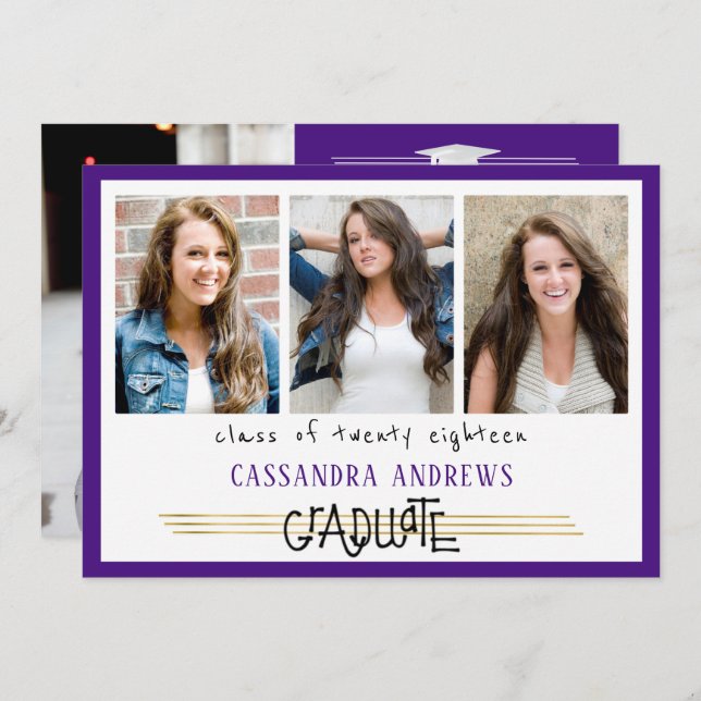 Hand Lettered Graduate | Editable Purple | 4-Photo Invitation (Front/Back)