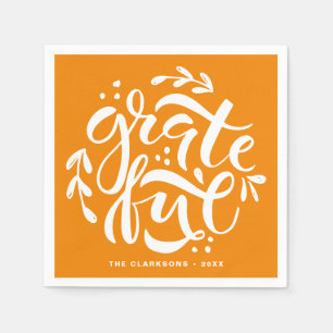 Hand Lettered Grateful Orange Thanksgiving Napkin