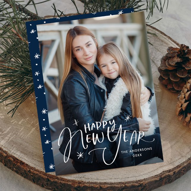 Hand-Lettered Happy New Year Navy Photo Holiday Card (Creator Uploaded)