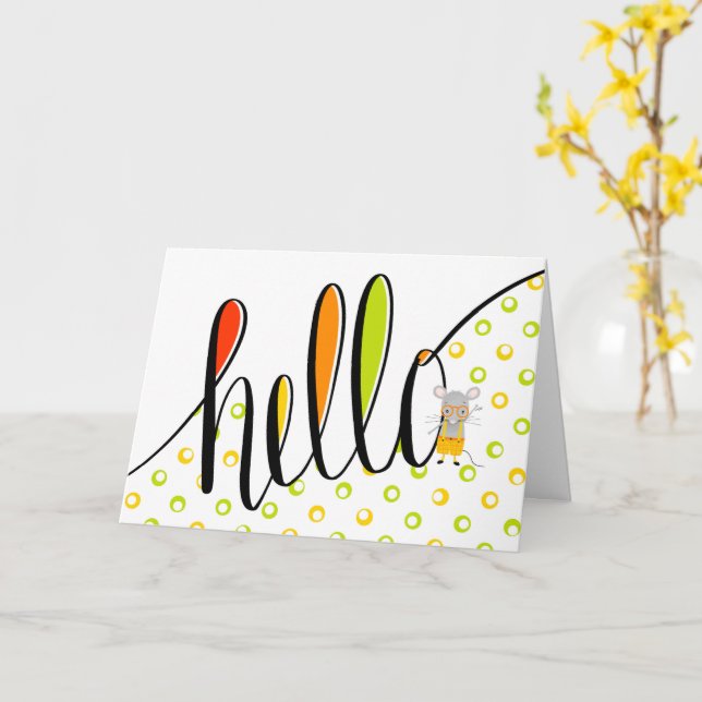 Hand Lettered Hello with Cute Mouse Illustration Card (Yellow Flower)