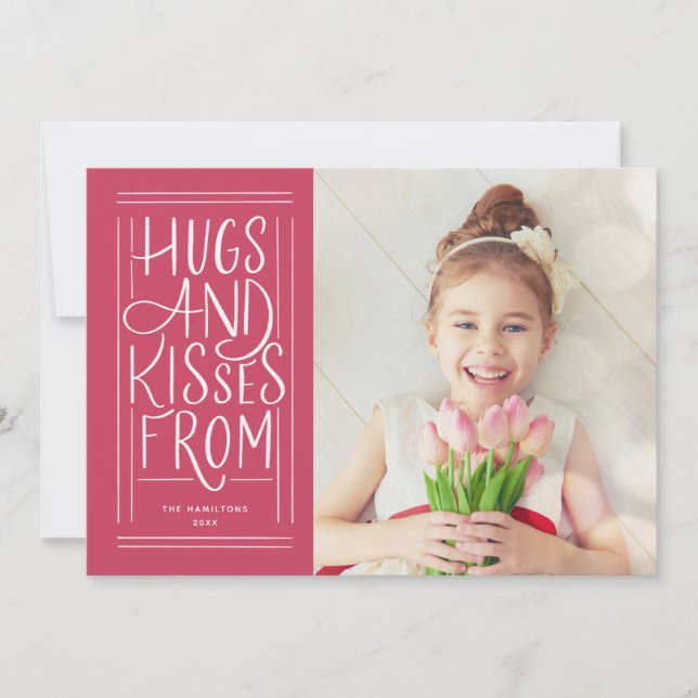 Hand-lettered Hugs and Kisses Valentine's Photo Holiday Card (Front)