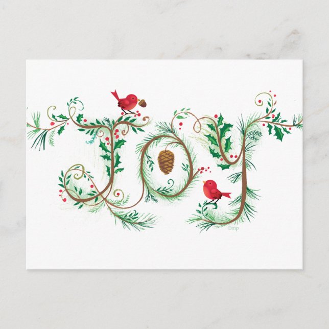 Hand lettered Joy Christmas Red Bird Postcard (Front)