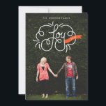 hand lettered joy red ribbon holiday photo<br><div class="desc">Great for new year's cards too; hand lettered "joy" with ornamental line work and a banner with the editable year. White lettering with orange-red banner over a full bleed photo. Die cut shapes are optional,  with more choices available.</div>