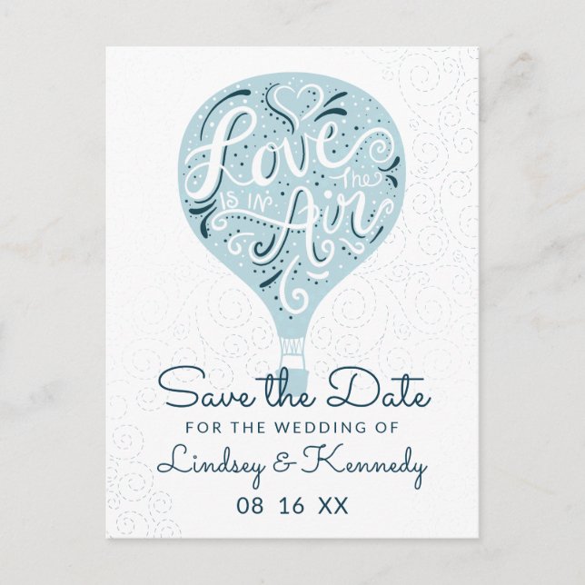 Hand Lettered Love Blue Balloon Save the Date Announcement Postcard (Front)