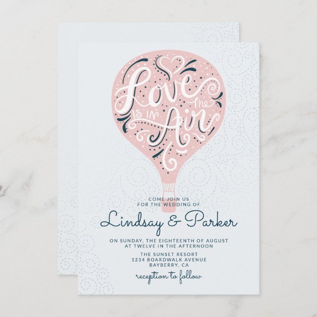 Hand Lettered Love Pink Hot Air Balloon Wedding Invitation (Front/Back)