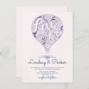 Hand Lettered Love Purple Hot Air Balloon Wedding Invitation
