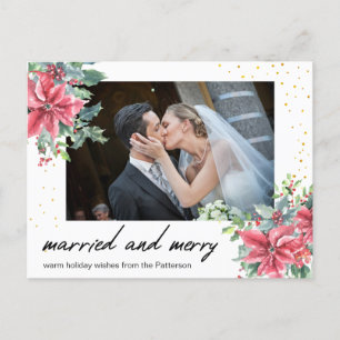 Hand Lettered Married and Merry Newly Wed Photo Holiday Postcard