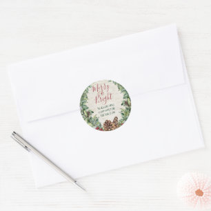 Hand Lettered Merry Bright Holiday Wreath Address Classic Round Sticker