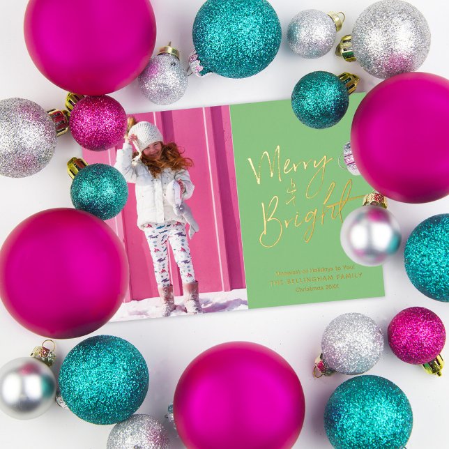 Hand Lettered Merry & Bright Photo Foil Holiday Card (Creator Uploaded)