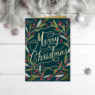 Hand Lettered Merry Christmas California Holly Foil Holiday Card