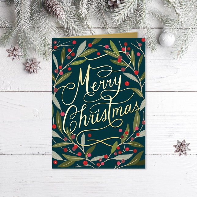 Hand Lettered Merry Christmas California Holly Foil Holiday Card (Creator Uploaded)