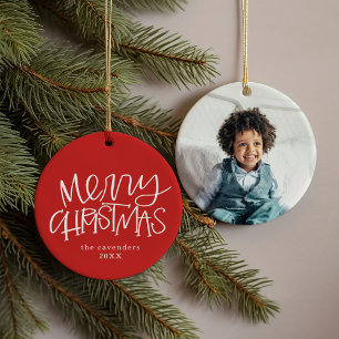 Hand Lettered Merry Christmas Custom Photo Ceramic Ornament