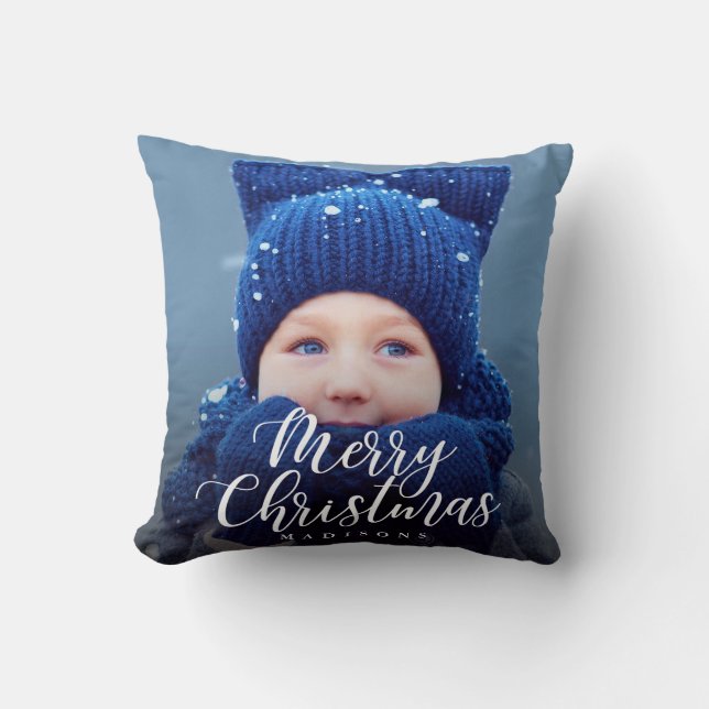 Hand Lettered Merry Christmas Holiday Photo Cushion (Front)