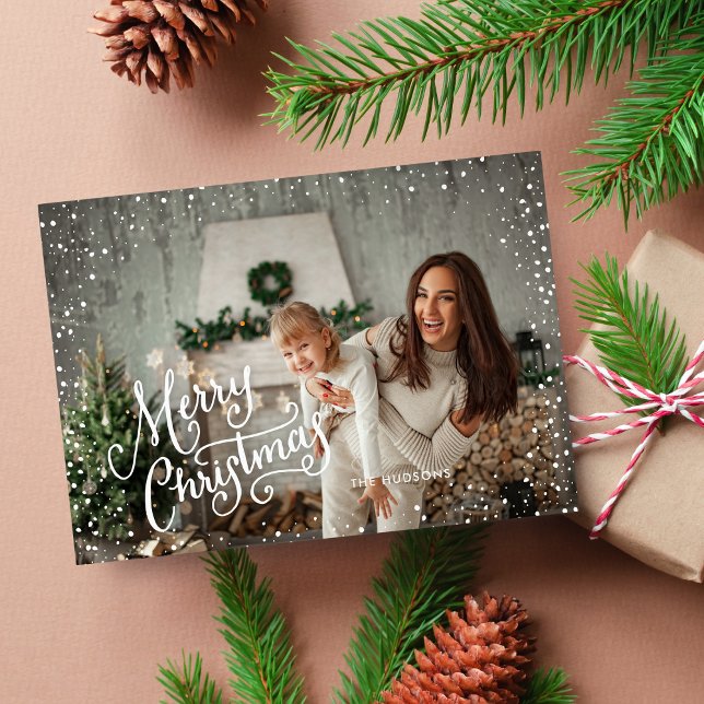 Hand Lettered Merry Christmas Snow Full Photo Holiday Card (Creator Uploaded)