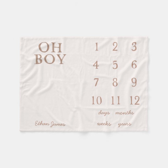 Hand Lettered Minimal Brown Monthly Baby Milestone Fleece Blanket (Front (Horizontal))