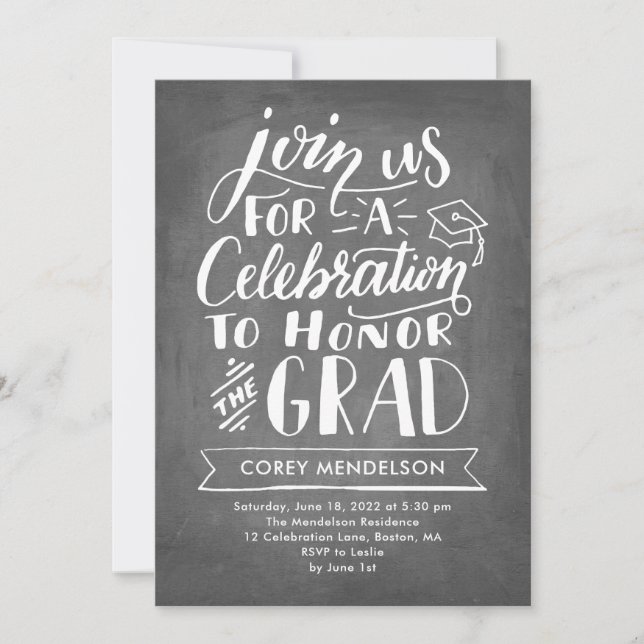 Hand Lettered Modern Chalkboard Graduation Party Invitation (Front)