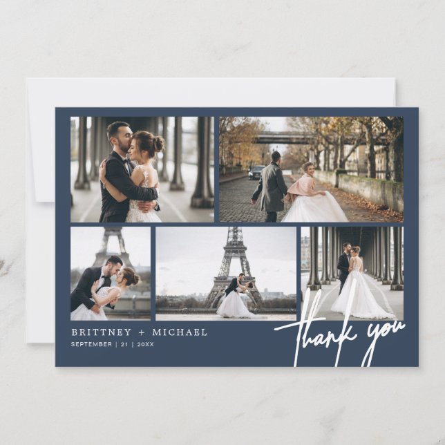 Hand-Lettered Modern Photo Collage Dusty Navy Blue Thank You Card (Front)