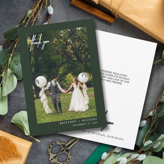 Hand-Lettered Modern Photo Forest Green Thank You Card (Modern elegant hand written wedding thank you card for the minimalistic bride.)