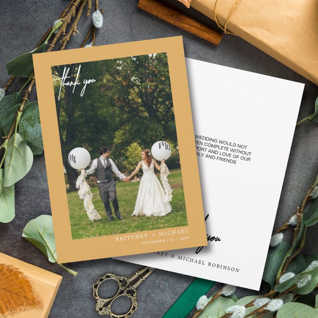 Hand-Lettered Modern Photo Mustard Yellow Thank You Card (Modern elegant hand written wedding thank you card for the minimalistic bride.)