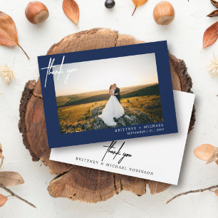 Hand-Lettered Modern Photo Thank You Navy Blue Card