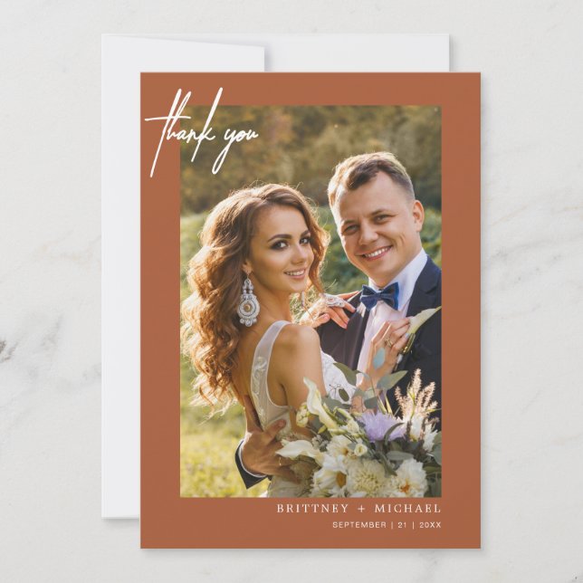 Hand-Lettered Modern Simple Photo Terracotta Thank You Card (Front)