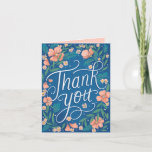 Hand Lettered Peach Blue Floral Photo Thank You Card<br><div class="desc">Photo option inside: original illustration and lettering by Becky Nimoy "Thank You" in white cursive over blue with peach flowers.</div>