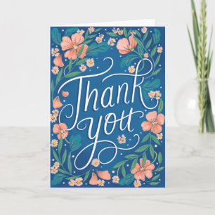 Hand-Lettered Peach Blue Floral Thank You Card