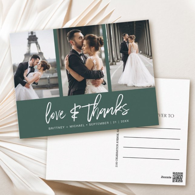 Hand-Lettered Photo Collage Forest Green Thank You Postcard (Show your appreciation to your loved ones with an awesome photo thank-you card!)