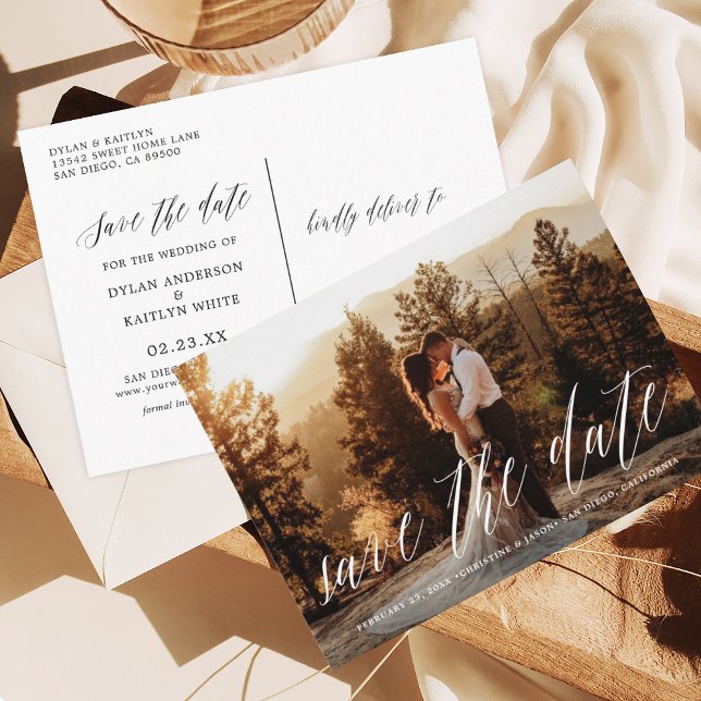 Hand Lettered Photo Rustic Save the Date Postcard (Creator Uploaded)