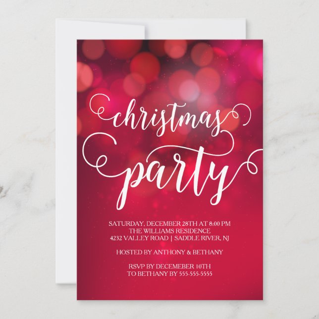 Hand Lettered Red Bokeh Lights Christmas Party Invitation (Front)