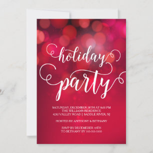 Hand Lettered Red Bokeh Lights Holiday Party Invitation