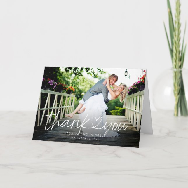 Hand Lettered Script Heart Photos Wedding Thank You Card (Front)