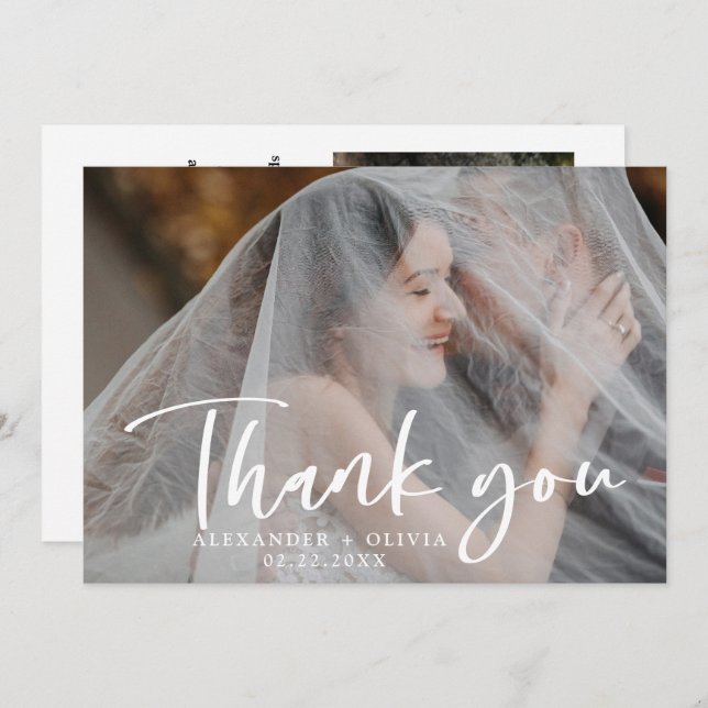 Hand Lettered Script Overlay Wedding Photo Thank You Card (Front/Back)