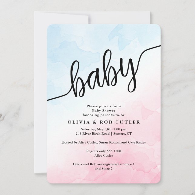 Hand Lettered Script Pink and Blue Baby Shower Invitation (Front)
