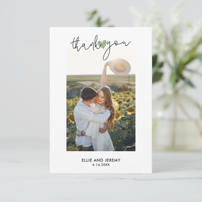 Hand Lettered Script Sage Green Heart Wedding Thank You Card (Standing Front)
