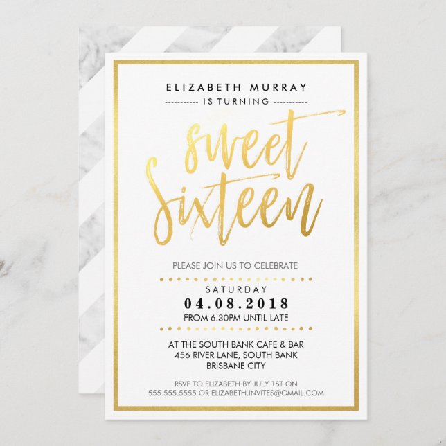 HAND LETTERED SCRIPT sweet 16 trendy hot gold foil Invitation (Front/Back)