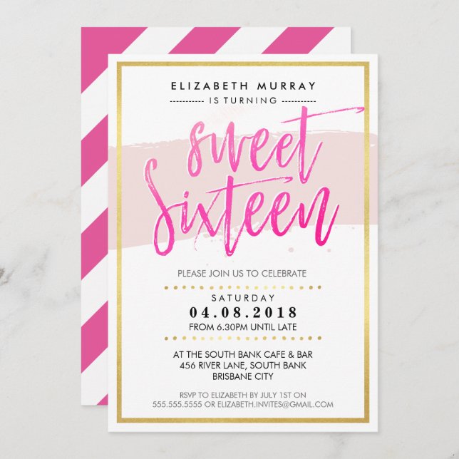 HAND LETTERED SCRIPT sweet 16 trendy hot pink gold Invitation (Front/Back)