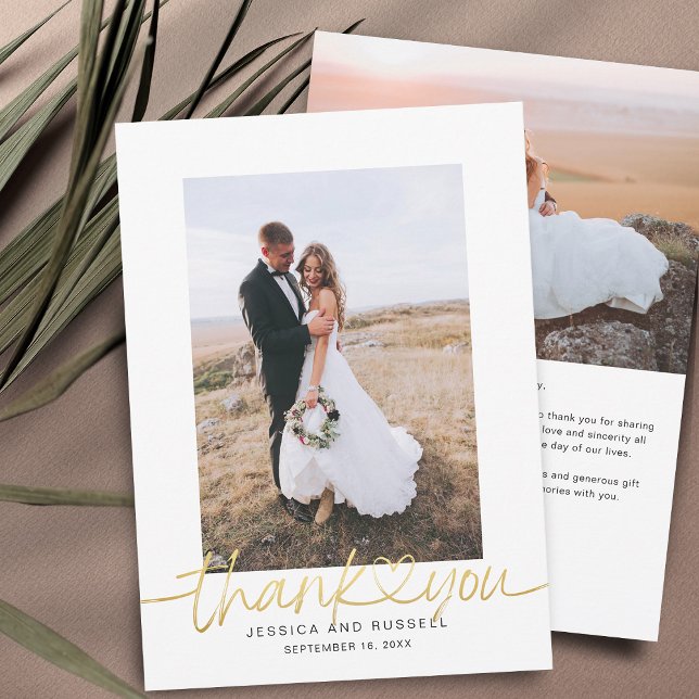 Hand Lettered Script with Heart Photos Wedding Tha Thank You Card (Creator Uploaded)