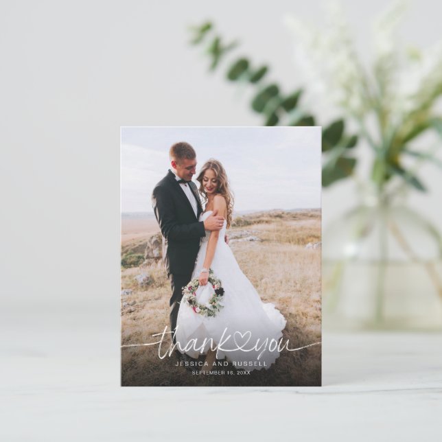 Hand Lettered Script with Heart Photos Wedding Thank You Card (Standing Front)