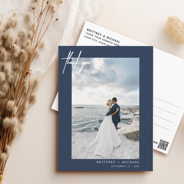 Hand-Lettered Simple Dusty Navy Blue Thank you Postcard (Elegant hand lettered thank you wedding postcard with a minimalistic design perfect for any couple.)