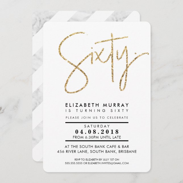 HAND LETTERED simple gold glitter sixty 60th Invitation (Front/Back)