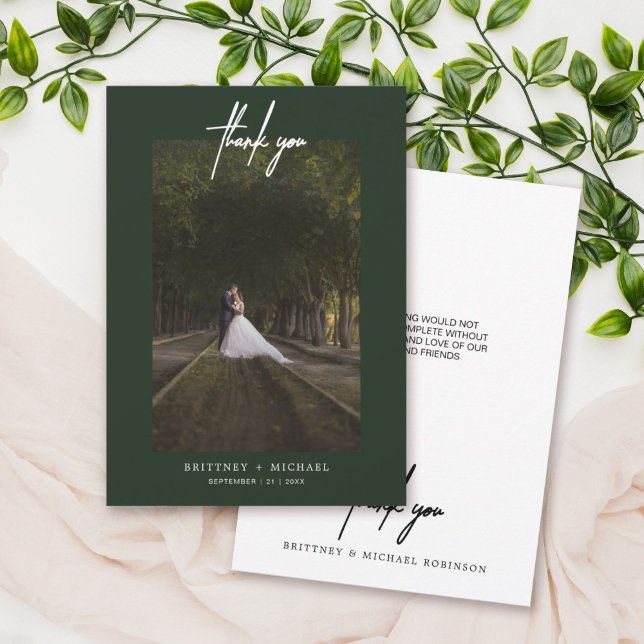 Hand-Lettered Simple Photo Forest Green Thank You Card (Creator Uploaded)